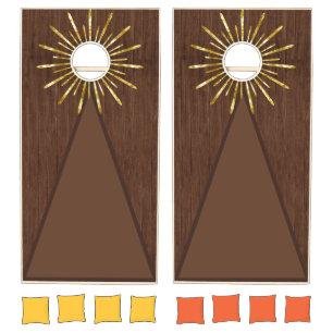Brown Barnboard and Yellow Sunburst Cornhole Set