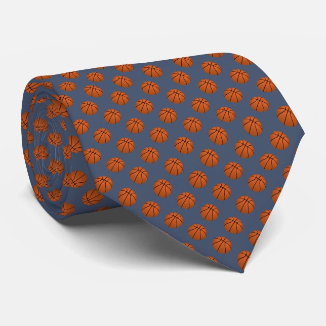 Brown Basketball Balls on Blue Jeans Blue Neck Tie (Rolled)
