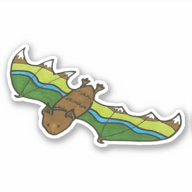 Brown Bat with Mountainscape Wings and River Sticker (Front)