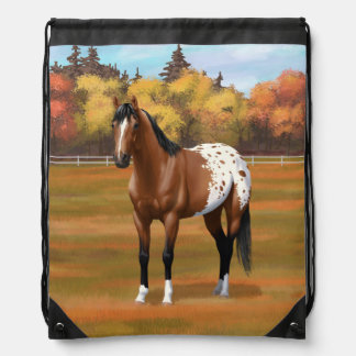 Brown Bay Appaloosa Horse in Autumn Pasture Drawstring Bag