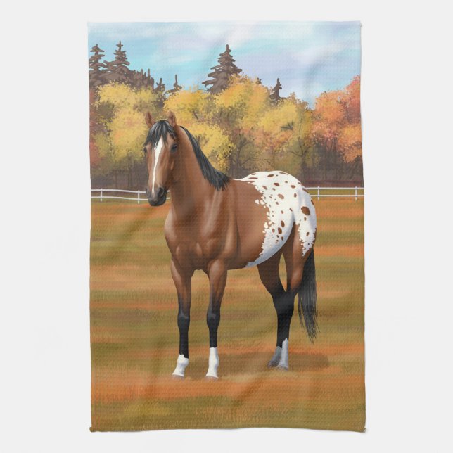 Brown Bay Appaloosa Horse in Autumn Pasture Kitchen Towel (Vertical)