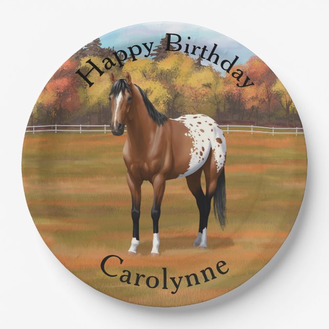 Brown Bay Appaloosa Horse in Autumn Pasture Paper Plates (Front)