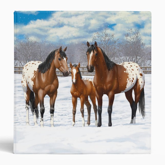 Brown Bay Appaloosa Horses In Snow 3 Ring Binder (Front)