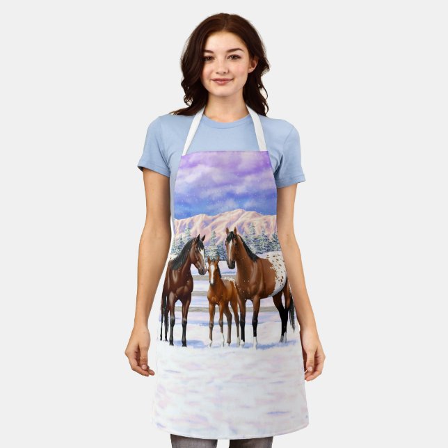 Brown Bay Appaloosa Horses In Snow Apron (Worn)