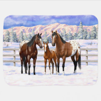 Brown Bay Appaloosa Horses In Snow Baby Blanket