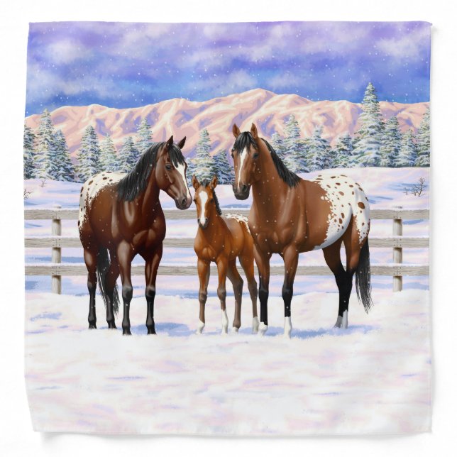Brown Bay Appaloosa Horses In Snow Bandana (Front)