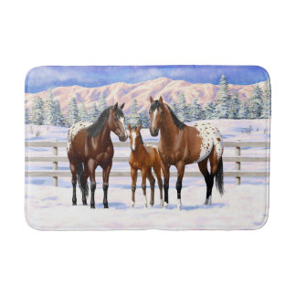 Brown Bay Appaloosa Horses In Snow Bath Mat