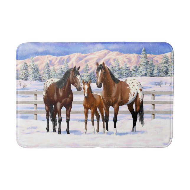Brown Bay Appaloosa Horses In Snow Bath Mat (Front)