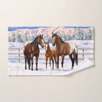 Brown Bay Appaloosa Horses In Snow Bath Towel Set