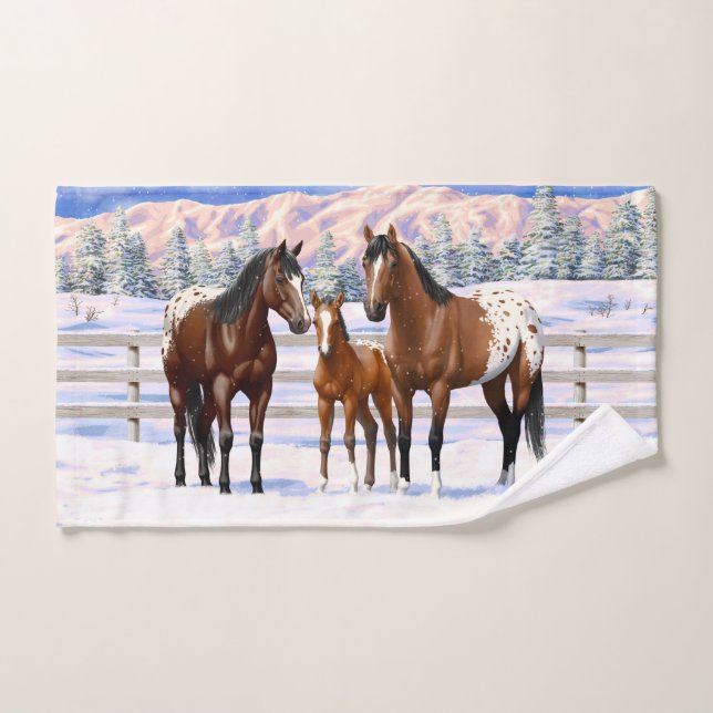 Brown Bay Appaloosa Horses In Snow Bath Towel Set (Hand Towel)