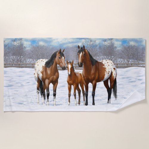 Brown Bay Appaloosa Horses In Snow Beach Towel