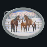 Brown Bay Appaloosa Horses In Snow Belt Buckle<br><div class="desc">A family of bay appaloosa quarter horses in their winter corral.</div>