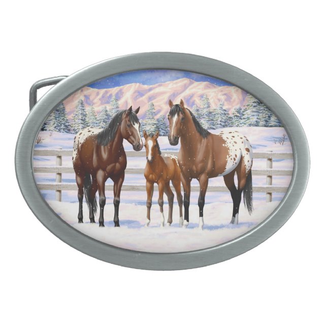 Brown Bay Appaloosa Horses In Snow Belt Buckle (Front)