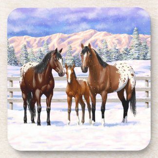Brown Bay Appaloosa Horses In Snow Beverage Coaster