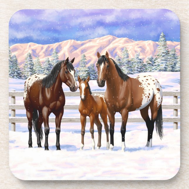 Brown Bay Appaloosa Horses In Snow Beverage Coaster (Front)