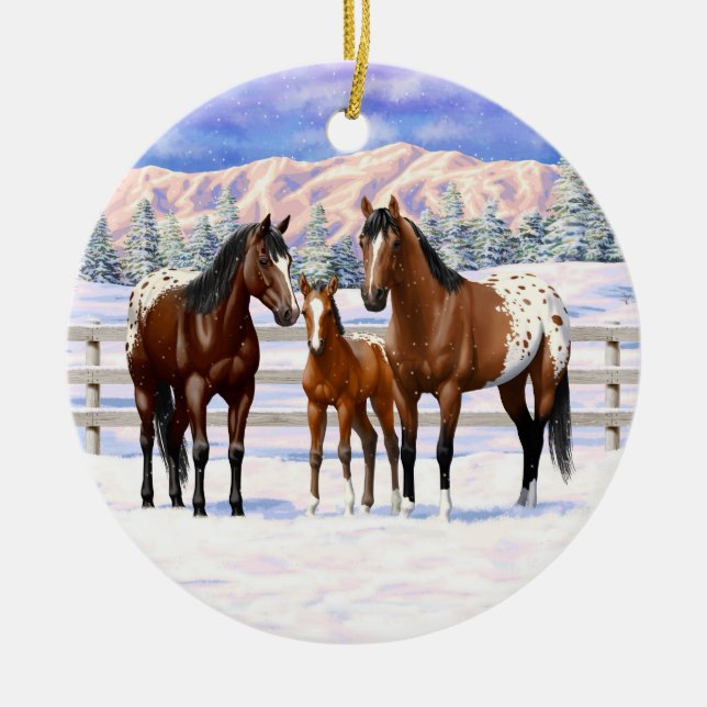 Brown Bay Appaloosa Horses In Snow Ceramic Ornament (Front)