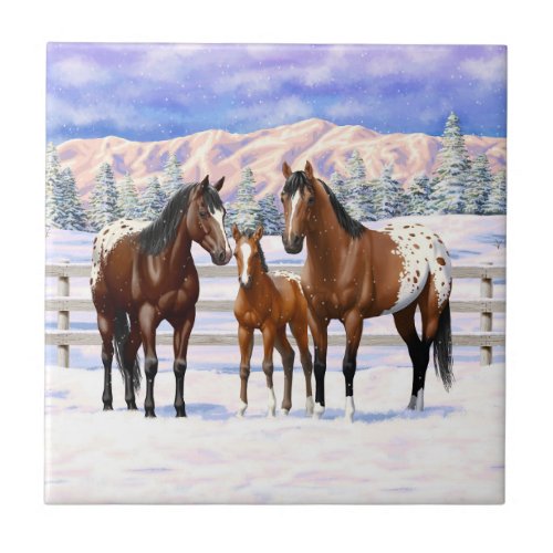 Brown Bay Appaloosa Horses In Snow Ceramic Tile