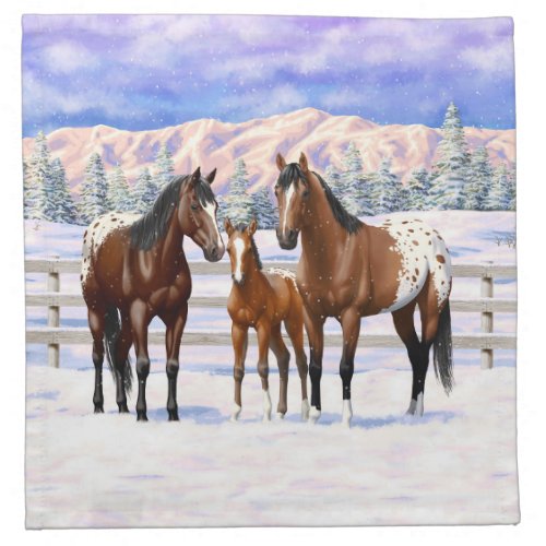 Brown Bay Appaloosa Horses In Snow Cloth Napkin