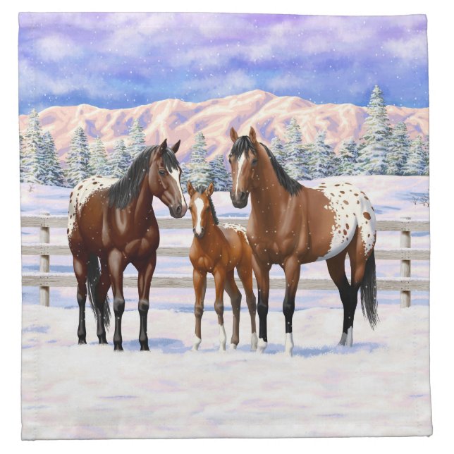 Brown Bay Appaloosa Horses In Snow Cloth Napkin (Front)
