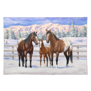Brown Bay Appaloosa Horses In Snow Cloth Placemat