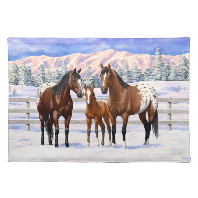 Brown Bay Appaloosa Horses In Snow Cloth Placemat (Front)