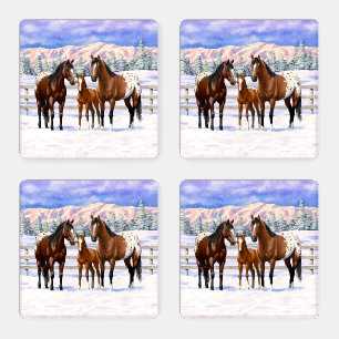 Brown Bay Appaloosa Horses In Snow Coaster Set