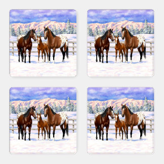 Brown Bay Appaloosa Horses In Snow Coaster Set