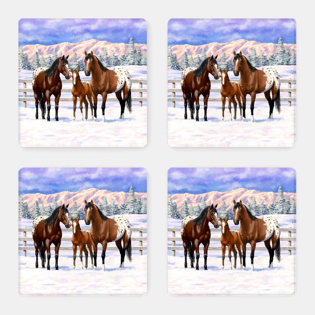 Brown Bay Appaloosa Horses In Snow Coaster Set (Set)