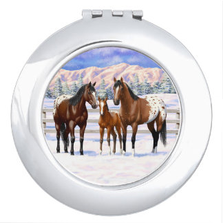 Brown Bay Appaloosa Horses In Snow Compact Mirror