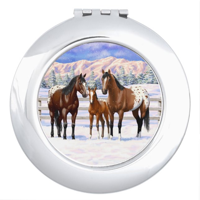 Brown Bay Appaloosa Horses In Snow Compact Mirror (Front)