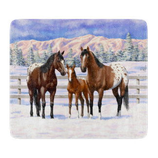 Brown Bay Appaloosa Horses In Snow Cutting Board