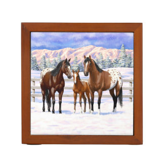 Brown Bay Appaloosa Horses In Snow Desk Organizer