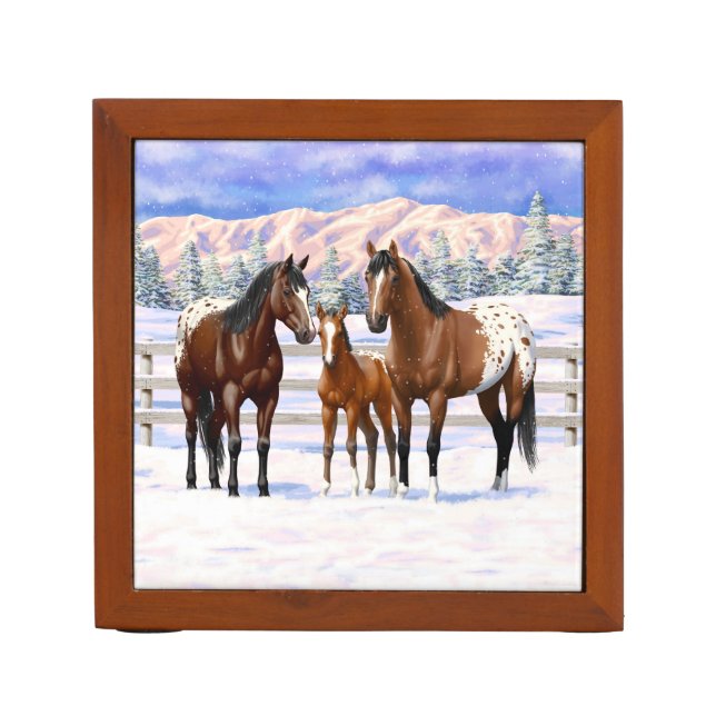 Brown Bay Appaloosa Horses In Snow Desk Organizer (Front)
