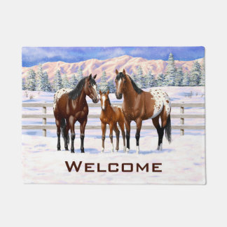 Brown Bay Appaloosa Horses In Snow Doormat