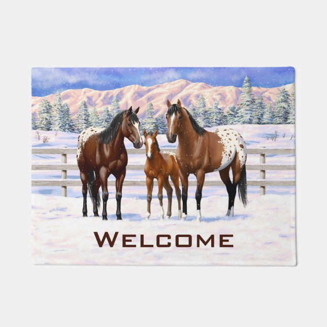 Brown Bay Appaloosa Horses In Snow Doormat (Front)
