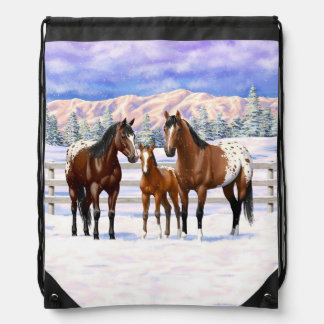 Brown Bay Appaloosa Horses In Snow Drawstring Bag