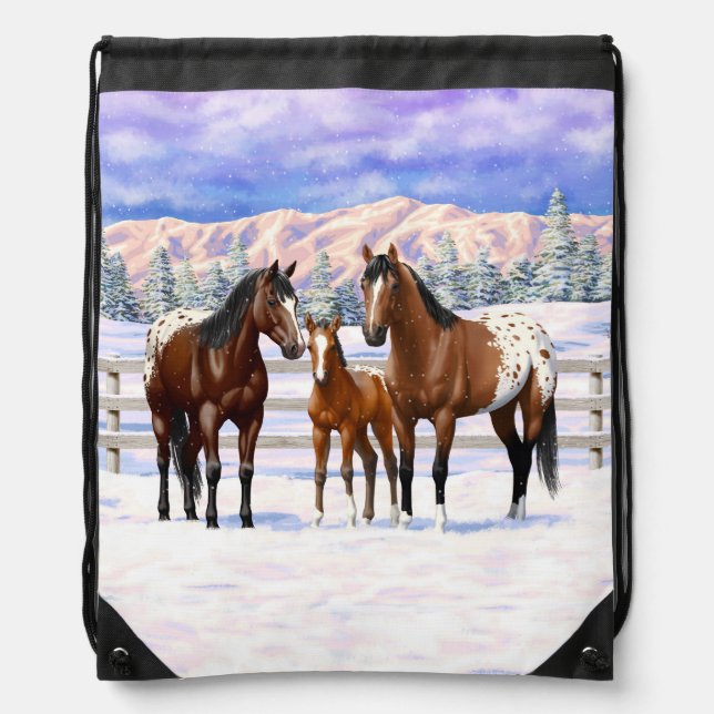 Brown Bay Appaloosa Horses In Snow Drawstring Bag (Front)