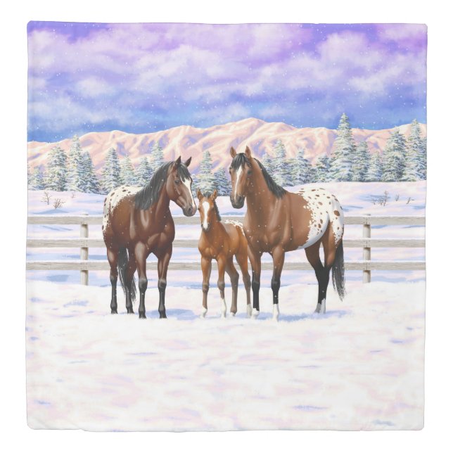 Brown Bay Appaloosa Horses In Snow Duvet Cover (Front)