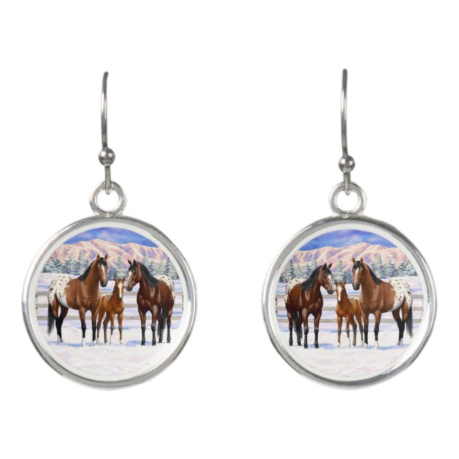 Brown Bay Appaloosa Horses In Snow Earrings (Front)