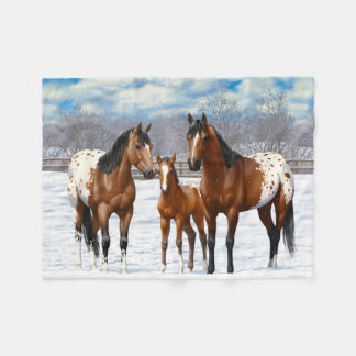 Brown Bay Appaloosa Horses In Snow Fleece Blanket