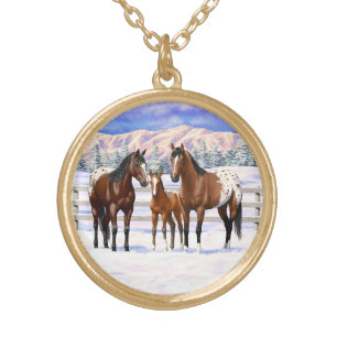 Brown Bay Appaloosa Horses In Snow Gold Plated Necklace