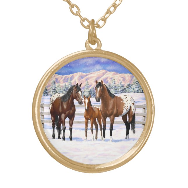 Brown Bay Appaloosa Horses In Snow Gold Plated Necklace (Front)