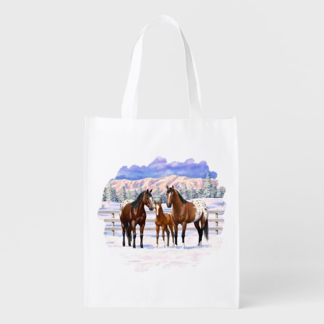 Brown Bay Appaloosa Horses In Snow Grocery Bag (Front)