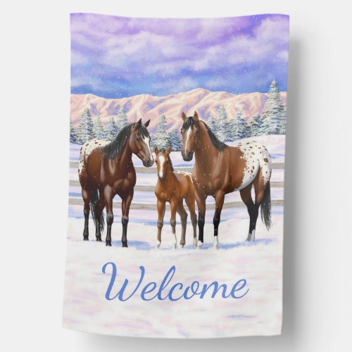 Brown Bay Appaloosa Horses In Snow House Flag