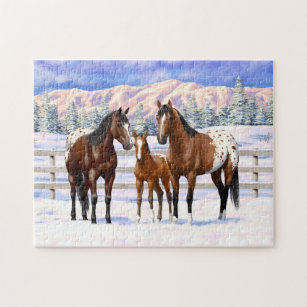 Brown Bay Appaloosa Horses In Snow Jigsaw Puzzle