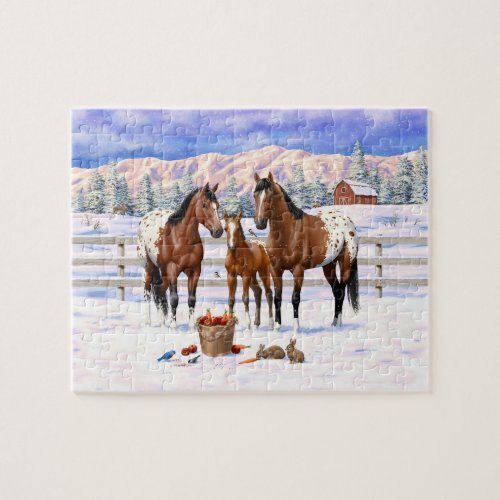 Brown Bay Appaloosa Horses In Snow Jigsaw Puzzle