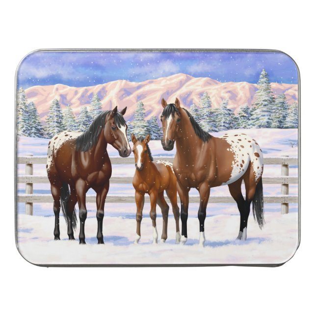 Brown Bay Appaloosa Horses In Snow Jigsaw Puzzle (Case Horizontal)