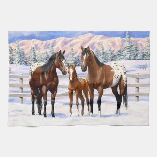 Brown Bay Appaloosa Horses In Snow Kitchen Towel