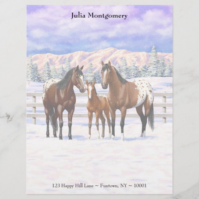 Brown Bay Appaloosa Horses In Snow Letterhead (Front)