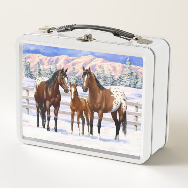 Brown Bay Appaloosa Horses In Snow Metal Lunch Box (Front)